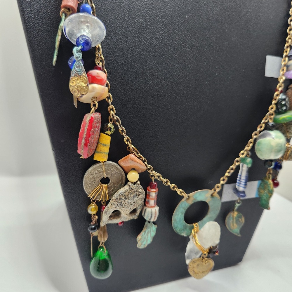 Vintage Boho Artisan Charm Clutter Necklace Glass Art Beads Coins Eclectic 30in